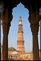 Qutb Minar tower framed by columns. New Delhi, India