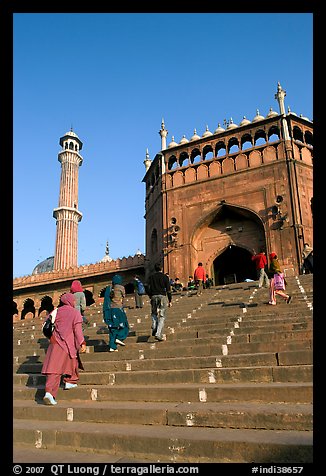 Stairs leading to Jama Masjid South Gate, and minaret. New Delhi, India