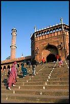 Stairs leading to Jama Masjid South Gate, and minaret. New Delhi, India