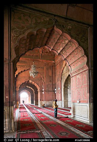 Muslim man in prayer, prayer hall, Jama Masjid. New Delhi, India (color)