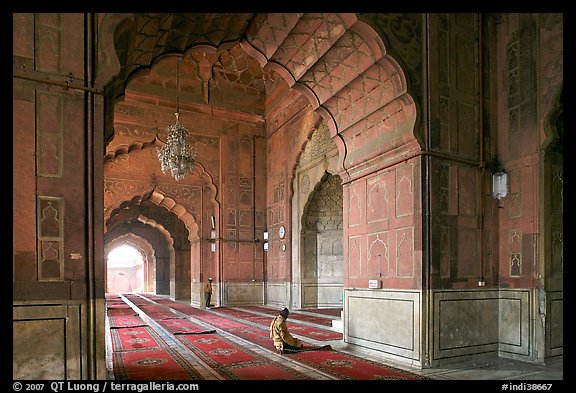 Men in prayer, prayer hall, Jama Masjid. New Delhi, India