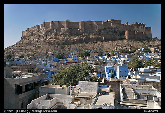 Mehrangarh Fort and city rooftops, afternoon. Jodhpur, Rajasthan, India (color)