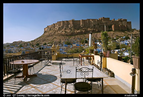 Rooftop restaurant with view on Mehrangarh Fort. Jodhpur, Rajasthan, India (color)