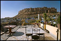 Rooftop restaurant with view on Mehrangarh Fort. Jodhpur, Rajasthan, India