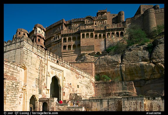 Gate and high wall, Mehrangarh Fort. Jodhpur, Rajasthan, India