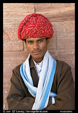 Young man wearing a red turban. Jodhpur, Rajasthan, India