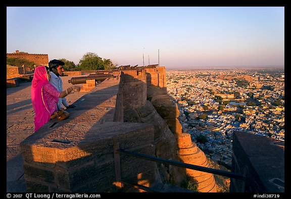 Couple looking at the view from Mehrangarh Fort. Jodhpur, Rajasthan, India