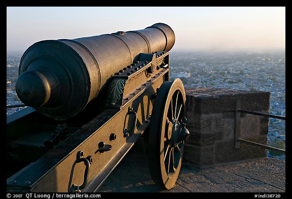 Cannon and old town, Mehrangarh Fort. Jodhpur, Rajasthan, India (color)