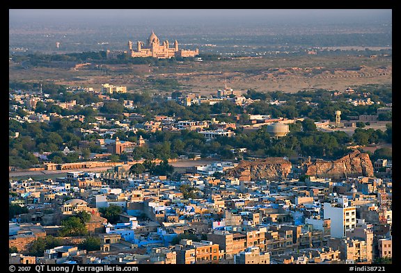 Old town, with Umaid Bhawan Palace in the distance, Mehrangarh Fort. Jodhpur, Rajasthan, India (color)
