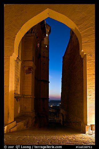 Gate and walls at dusk, Mehrangarh Fort. Jodhpur, Rajasthan, India (color)