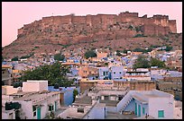 Rooftops and Mehrangarh Fort at dawn. Jodhpur, Rajasthan, India (color)