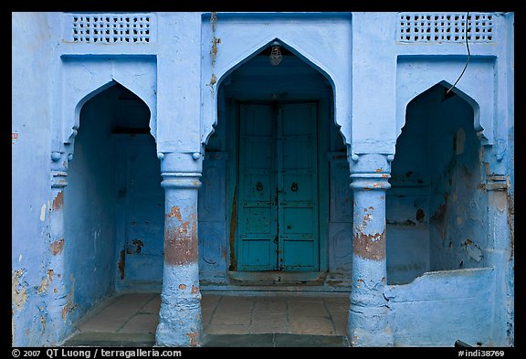 Blue porch of Brahmin house. Jodhpur, Rajasthan, India (color)