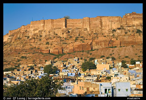 Houses and Mehrangarh Fort, morning. Jodhpur, Rajasthan, India