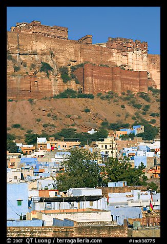 Old town at the base of the Mehrangarh Fort, morning. Jodhpur, Rajasthan, India