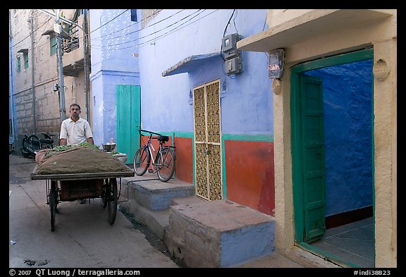 Man with vegetables car in front of painted house. Jodhpur, Rajasthan, India