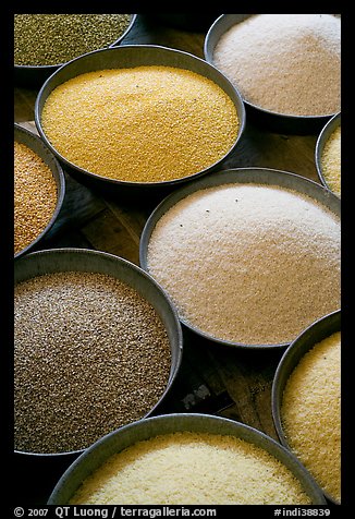 Grains in cicular containers, Sardar market. Jodhpur, Rajasthan, India (color)