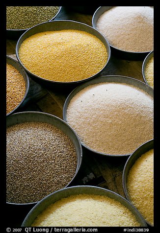 Grains in cicular containers, Sardar market. Jodhpur, Rajasthan, India