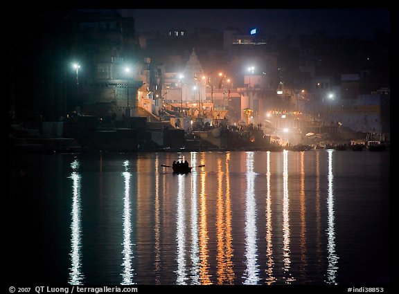 Ganges River at night with Ghat lights  reflected. Varanasi, Uttar Pradesh, India