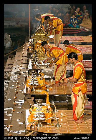 Brahmans preparing for evening puja. Varanasi, Uttar Pradesh, India