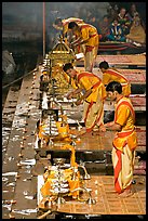 Brahmans preparing for evening puja. Varanasi, Uttar Pradesh, India (color)