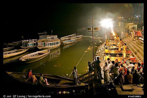 Evening aarti on the banks of the Ganges River. Varanasi, Uttar Pradesh, India (color)