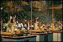 Brahmans performing evening arti ceremony. Varanasi, Uttar Pradesh, India