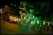 Street wedding procession bright lights seen from above. Varanasi, Uttar Pradesh, India