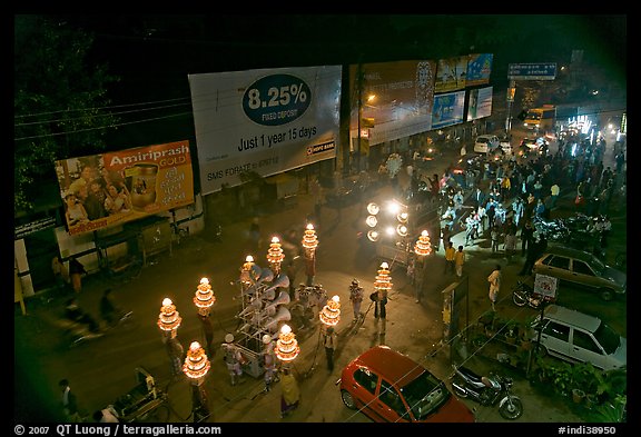 Wedding procession seen from above at night. Varanasi, Uttar Pradesh, India (color)