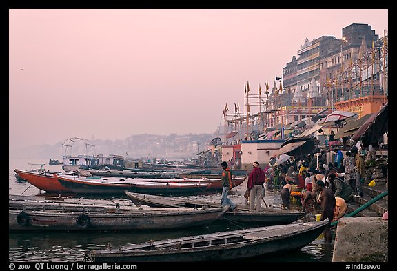 Boats and ghat at sunrise. Varanasi, Uttar Pradesh, India