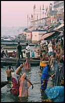 Women standing in Ganga River at sunrise, Dasaswamedh Ghat. Varanasi, Uttar Pradesh, India (color)