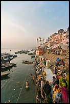 People worshipping Ganges River, early morning. Varanasi, Uttar Pradesh, India ( color)