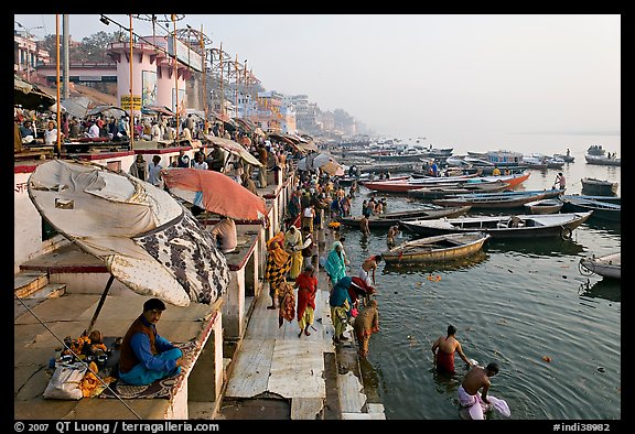 Dasaswamedh Ghat and Ganges River, sunrise. Varanasi, Uttar Pradesh, India (color)