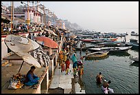 Dasaswamedh Ghat and Ganges River, sunrise. Varanasi, Uttar Pradesh, India (color)