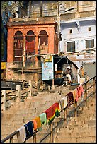 Laundry on hand-rail of ghat steps. Varanasi, Uttar Pradesh, India (color)