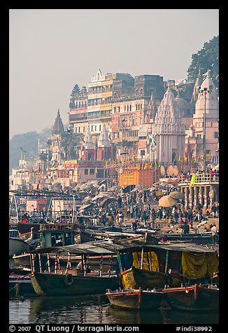 Boats and Dasaswamedh Ghat, sunrise. Varanasi, Uttar Pradesh, India (color)