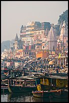 Boats and Dasaswamedh Ghat, sunrise. Varanasi, Uttar Pradesh, India