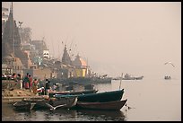 Temples and Ganga River, foggy sunrise. Varanasi, Uttar Pradesh, India (color)