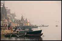 Temples and Ganga River, foggy sunrise. Varanasi, Uttar Pradesh, India