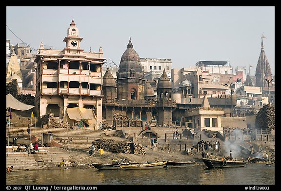 Manikarnika Ghat, the main burning ghat. Varanasi, Uttar Pradesh, India (color)