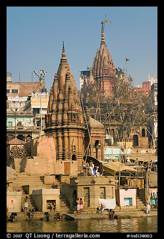 Hindu temples on the riverbank of the Ganga River. Varanasi, Uttar Pradesh, India (color)