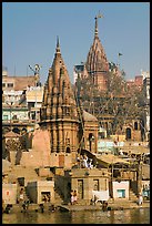 Hindu temples on the riverbank of the Ganga River. Varanasi, Uttar Pradesh, India (color)