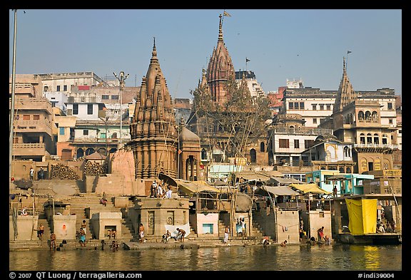 Temples on riverbank of the Ganges, Manikarnika Ghat. Varanasi, Uttar Pradesh, India (color)