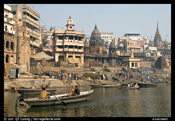 Rowboat and Manikarnika Ghat. Varanasi, Uttar Pradesh, India (color)