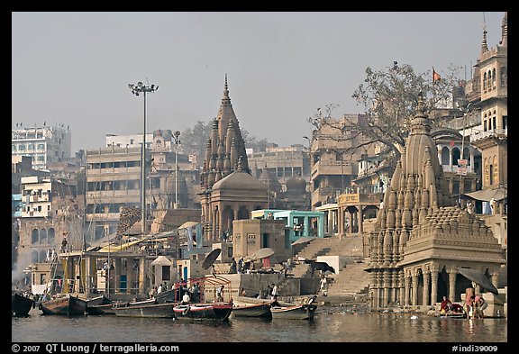 Temples on the banks of Ganges River, Manikarnika Ghat. Varanasi, Uttar Pradesh, India