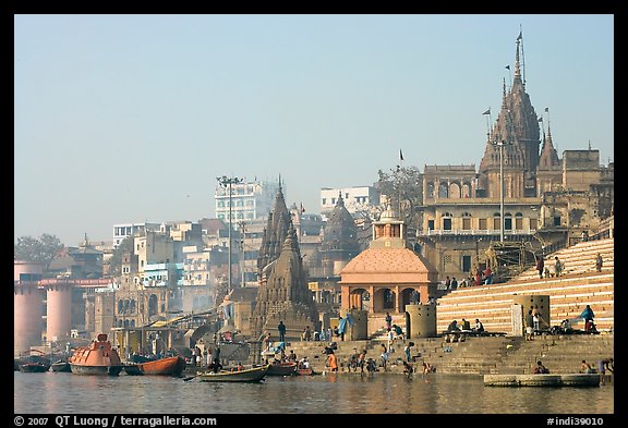 Temples and steps on Ganga riverbank. Varanasi, Uttar Pradesh, India