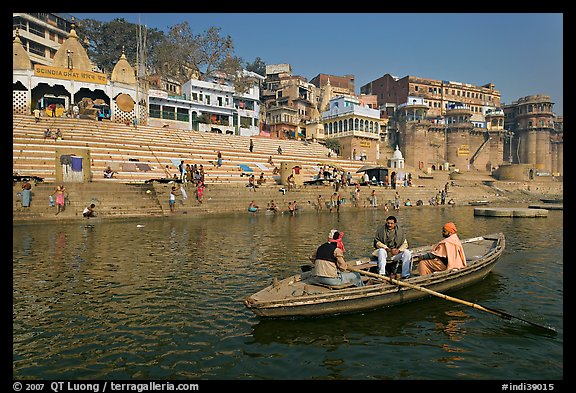 Rowboat in front of Scindhia Ghat. Varanasi, Uttar Pradesh, India (color)