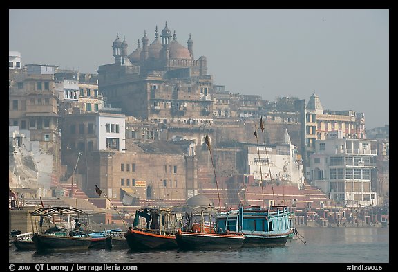 Alamgir Mosque above boats and the Ganges River. Varanasi, Uttar Pradesh, India (color)