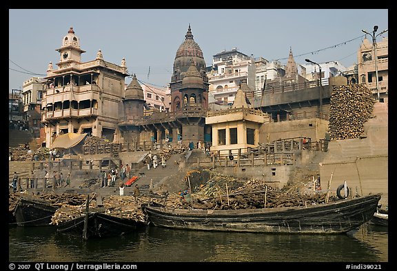 Huge piles of firewood stacked at Manikarnika Ghat. Varanasi, Uttar Pradesh, India