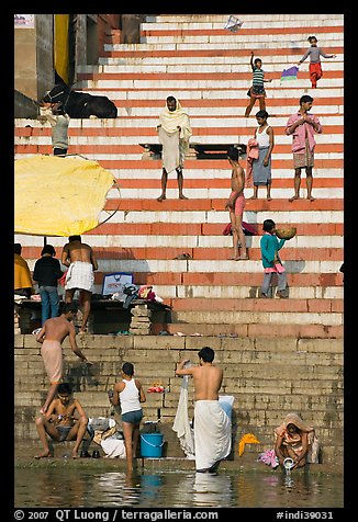 Drying out on stone steps of Meer Ghat. Varanasi, Uttar Pradesh, India (color)
