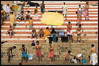 Men after bath on steps of Meer Ghat. Varanasi, Uttar Pradesh, India ( color)